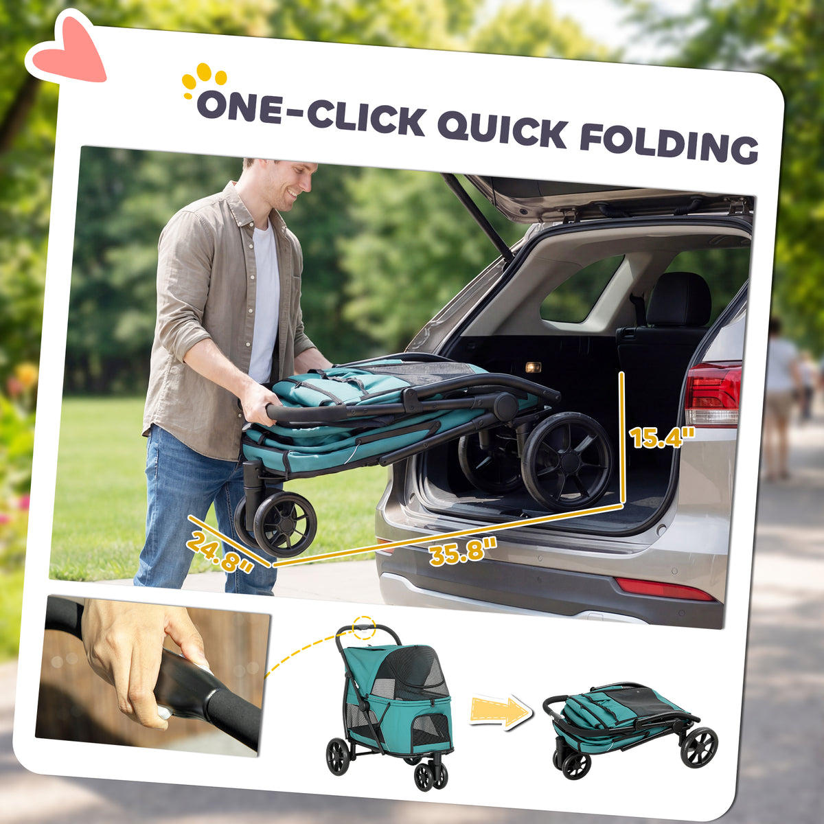 3-Wheel Pet Stroller with One-Click Quick Fold