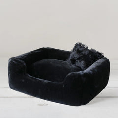 Divine luxury bolster dog bed for small dogs in Dove grey, showing the low scooped front and overstuffed center pillow