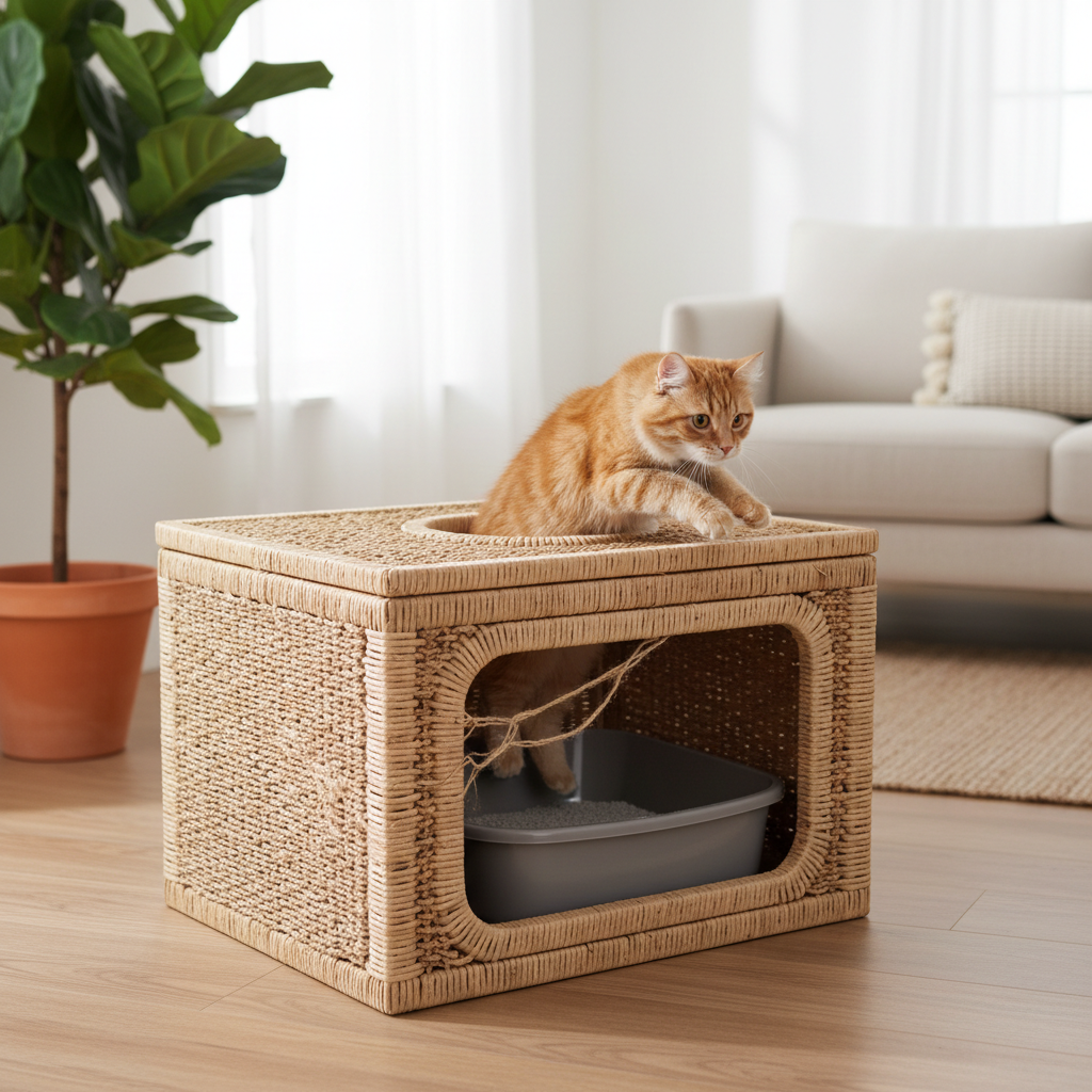Natural 3-in-1 Cat Litter Box Enclosure and Scratching Post