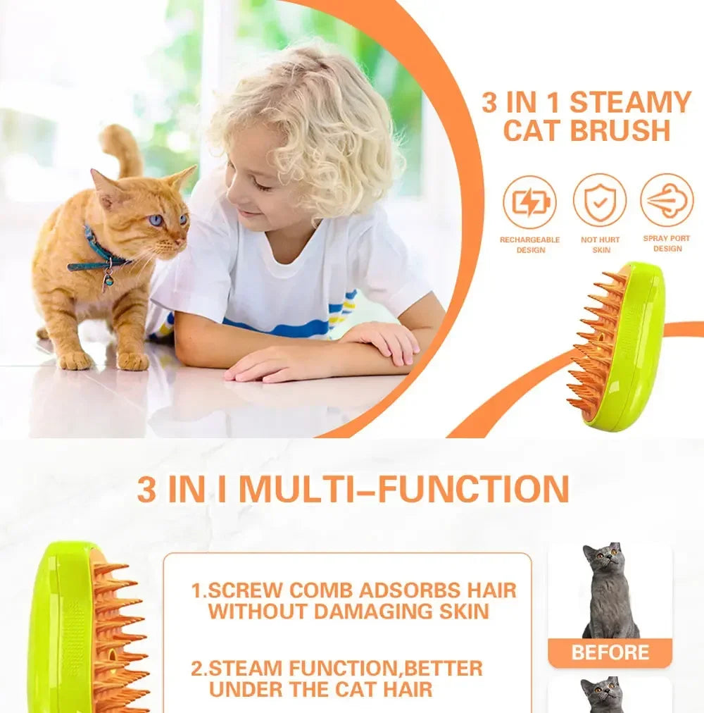 Cat Brush -The Ultimate 3-in-1 Steamy Pet Brush – Soft Silicone Grooming & Massage Comb