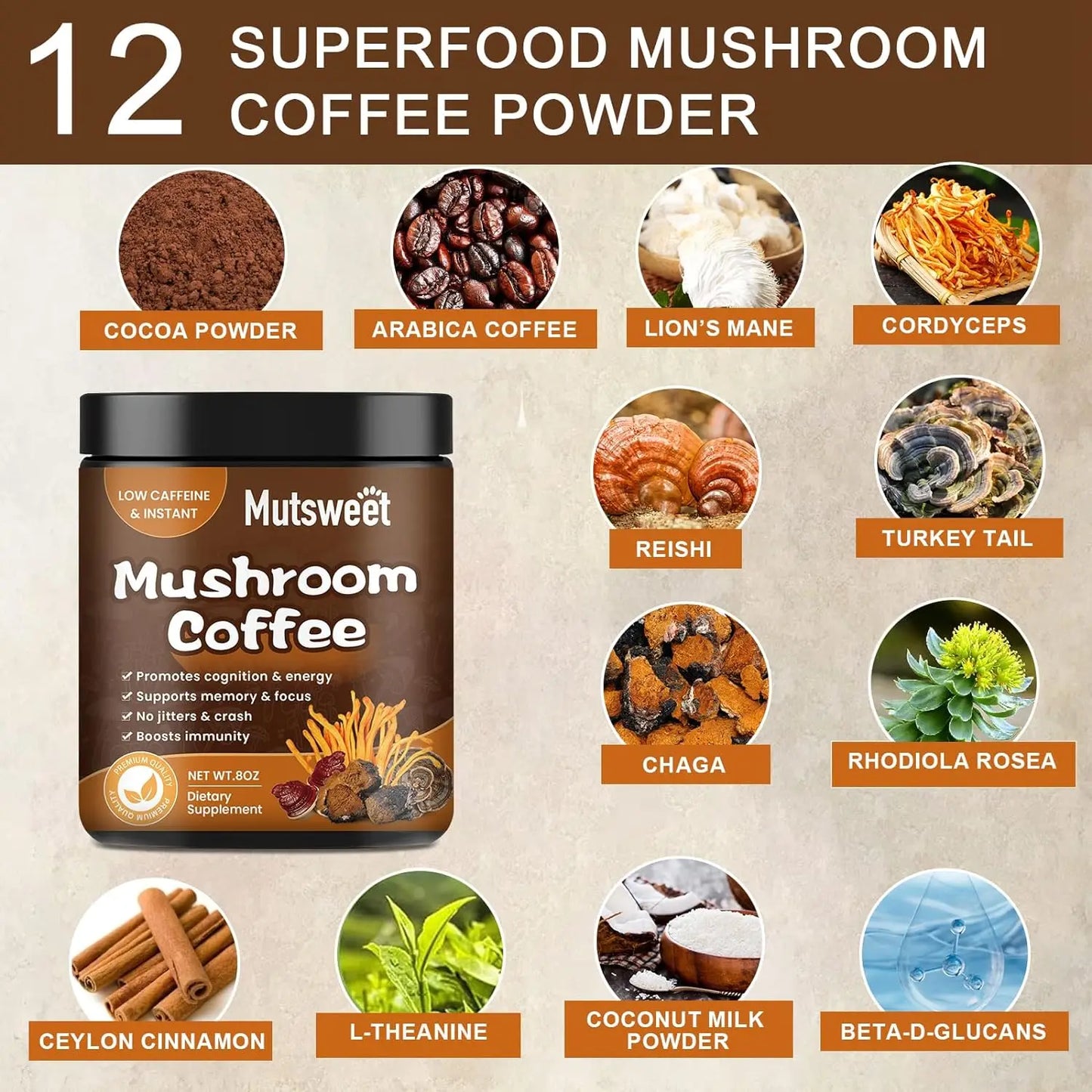 Mutsweet Lion's Mane and Reishi Mushroom Cocoa Powder Blend (227g)