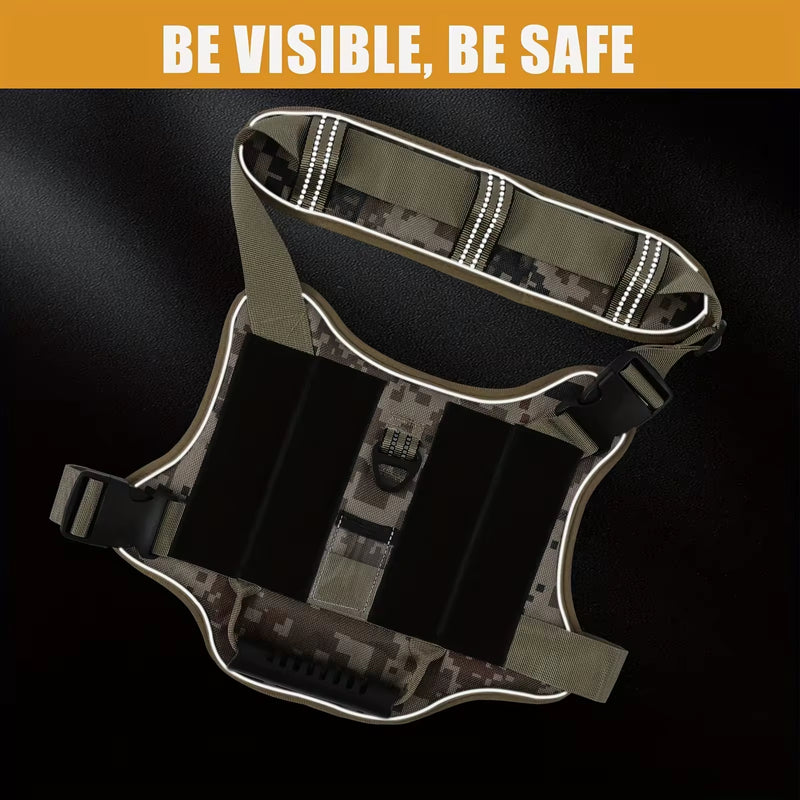 Reflective piping and neck-strap stripes on the vest lit at night
