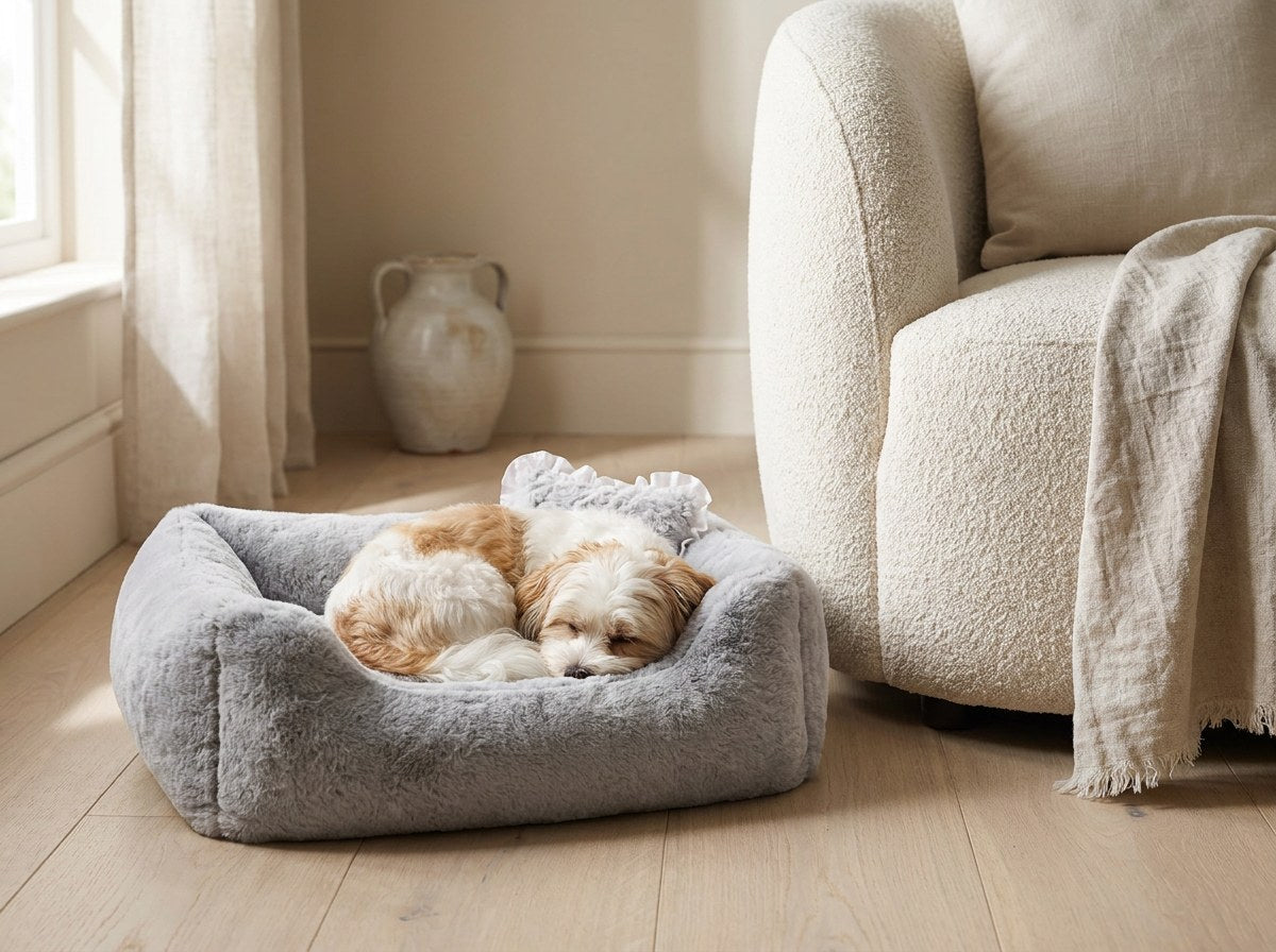 Small dog curled up asleep in the Divine bolster dog bed in Dove grey beside a cream sofa
