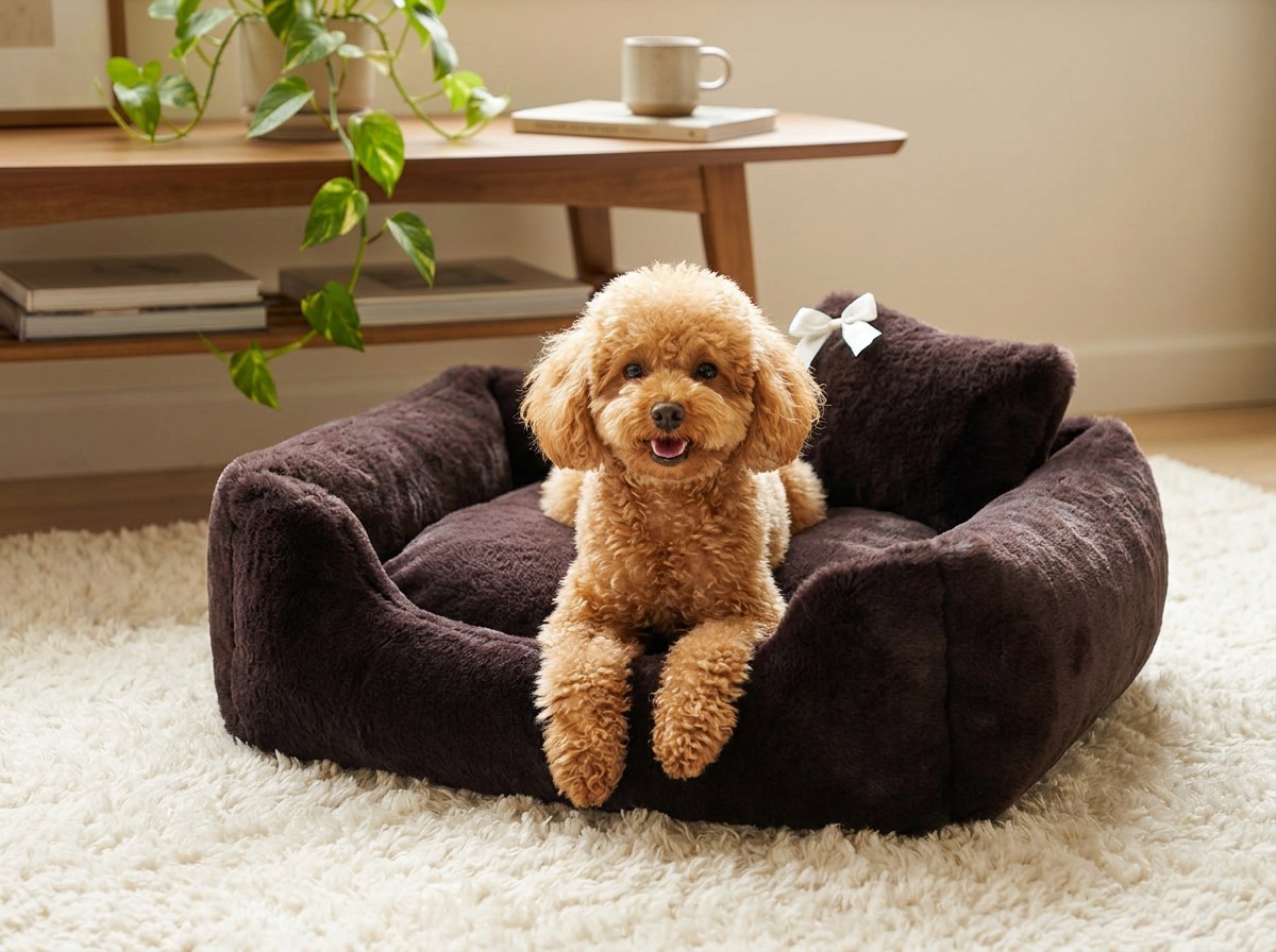 Toy poodle sitting up in the Divine bolster dog bed in Espresso on a living room rug