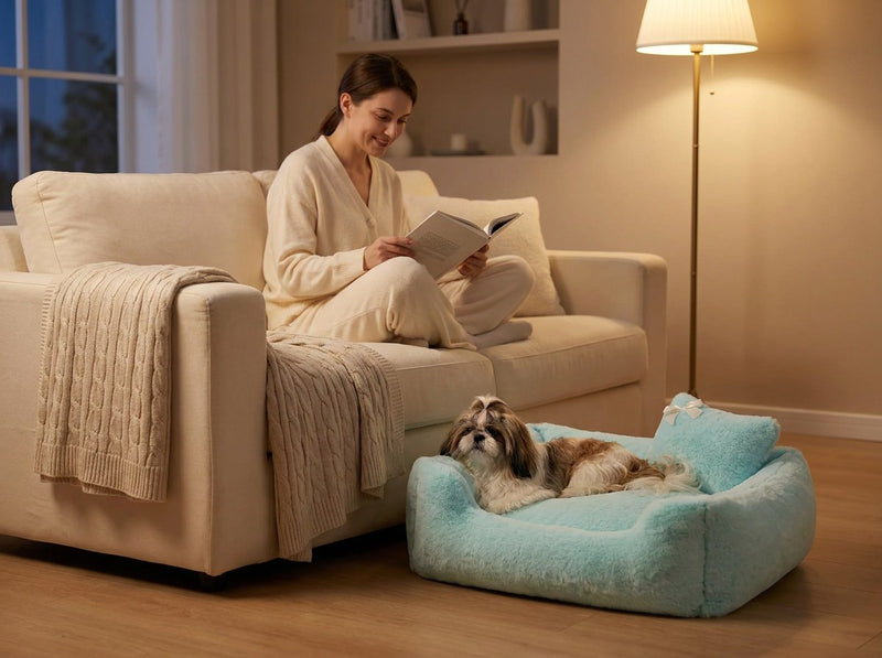 Woman reading on a sofa with her Shih Tzu settled in the Divine bolster dog bed in Ice
