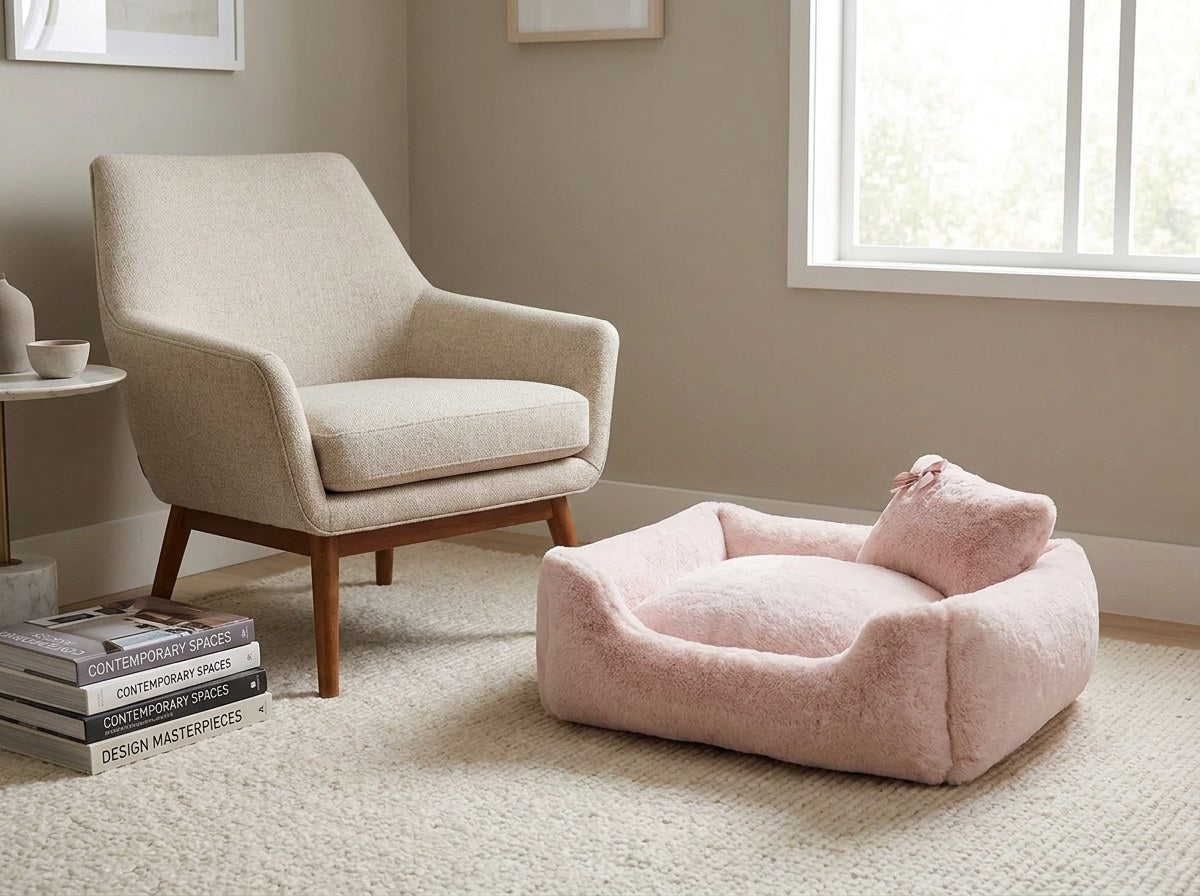 Divine bolster dog bed in Blush styled in a living room corner beside an armchair