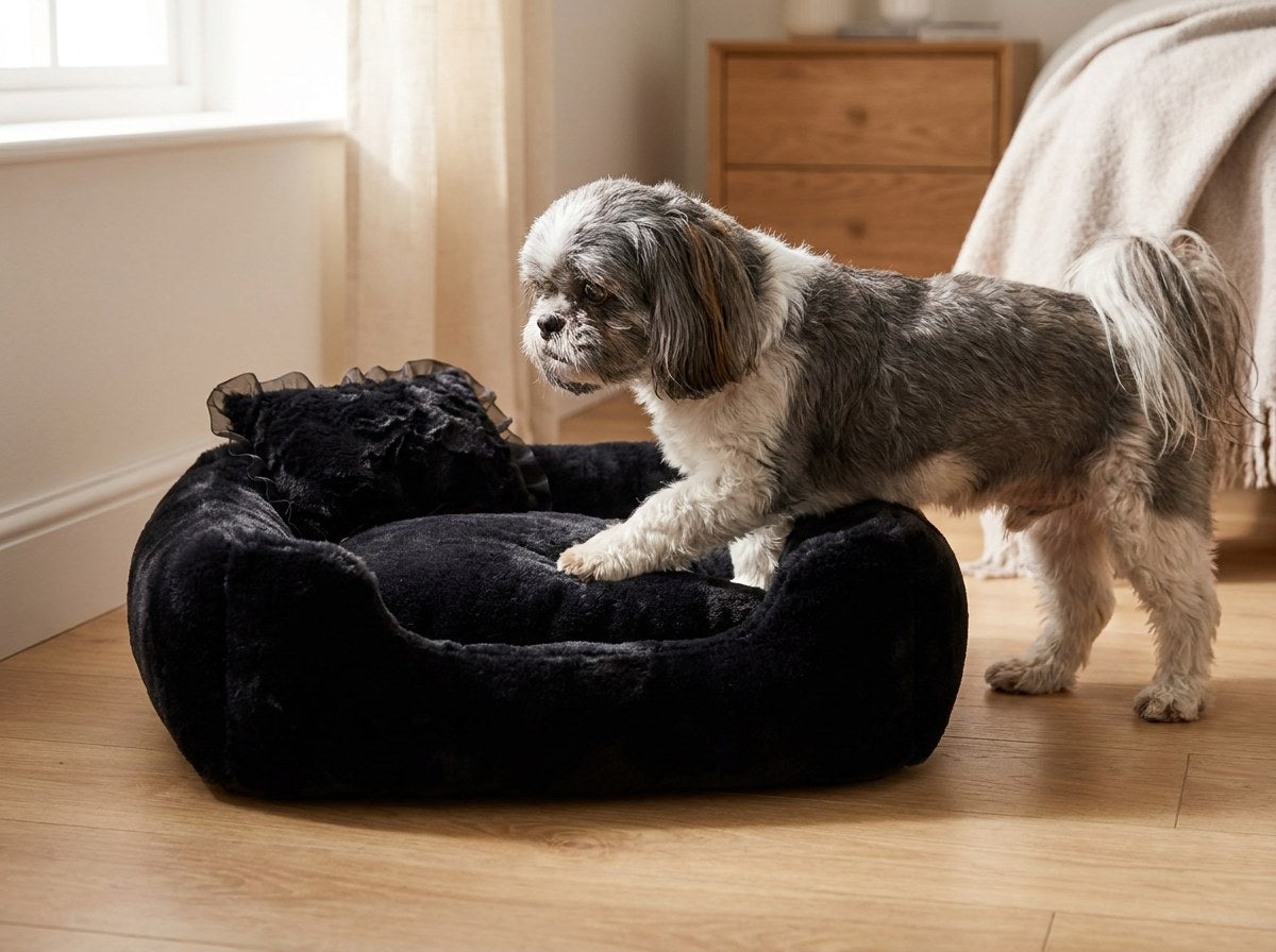 Older Shih Tzu stepping into the Divine bolster dog bed in Black over its low front edge