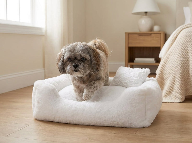 Small dog standing in the Divine bolster dog bed in White in a bedroom corner