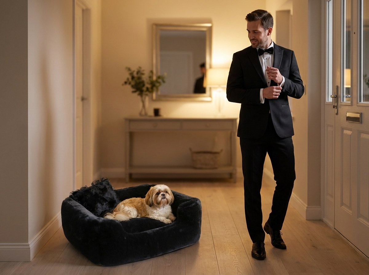 Man in a tuxedo heading out for the evening, his Shih Tzu settled in the Divine bolster dog bed in Black by the door