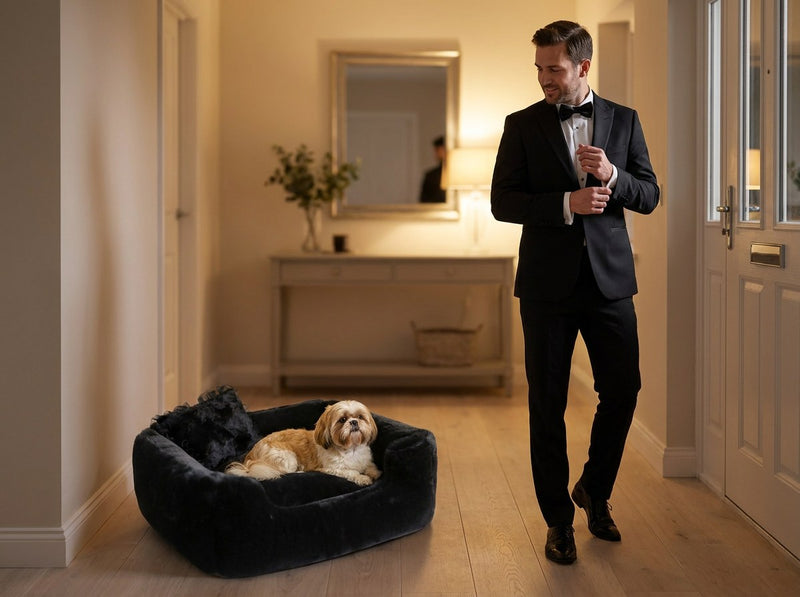 Man in a tuxedo heading out for the evening, his Shih Tzu settled in the Divine bolster dog bed in Black by the door