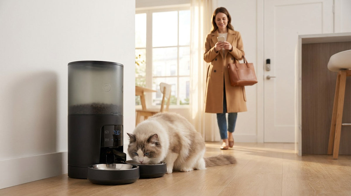 Woman in a camel coat checking her phone by the front door while her ragdoll cat eats from the black automatic feeder