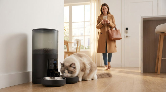 Woman in a camel coat checking her phone by the front door while her ragdoll cat eats from the black automatic feeder