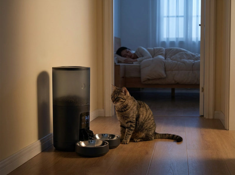 Tabby cat sitting beside the black automatic feeder in a quiet hallway at dawn while a person sleeps in the bedroom behind