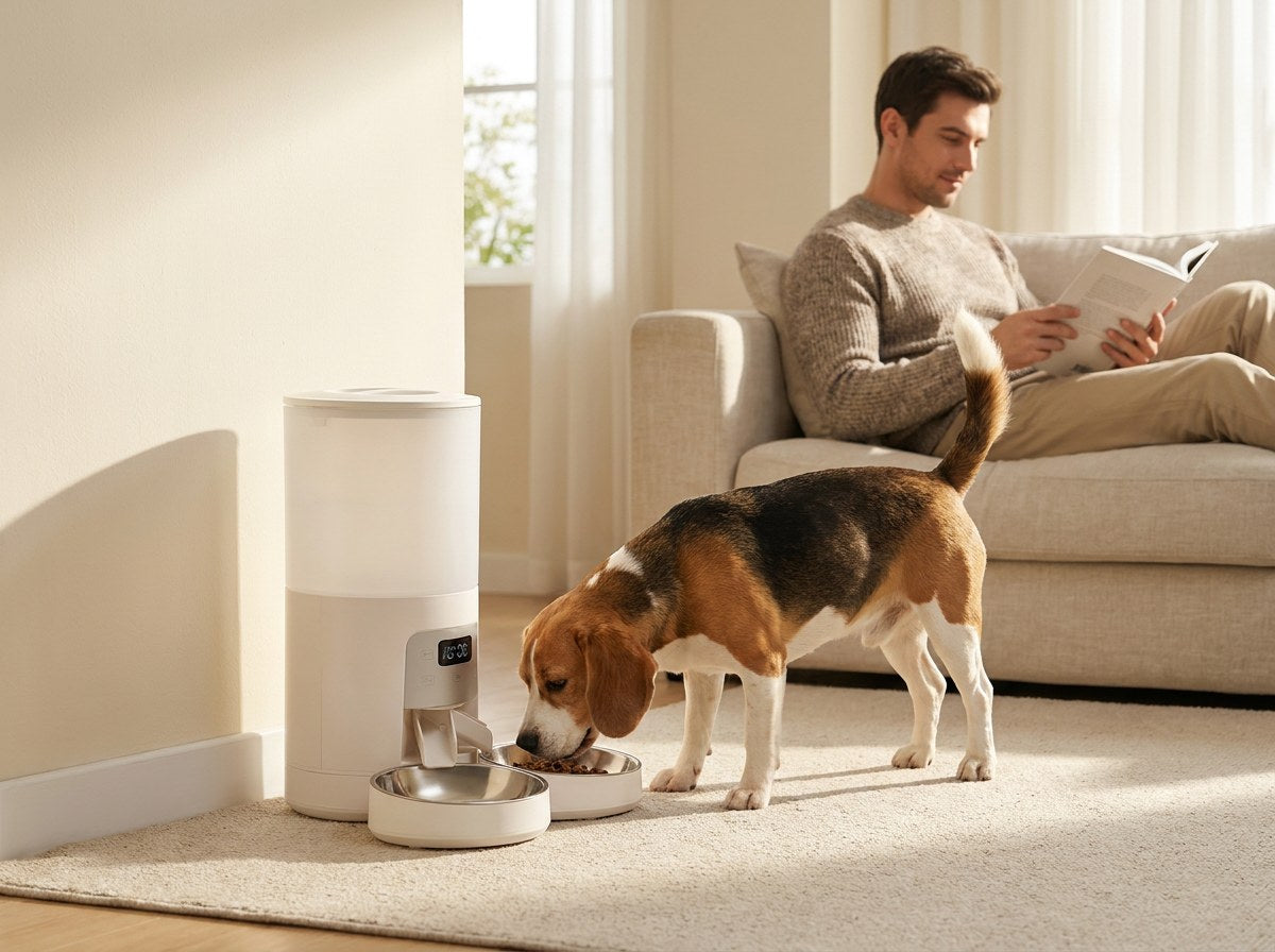 Beagle eating from the white automatic feeder in a sunny living room while a man reads on the sofa behind