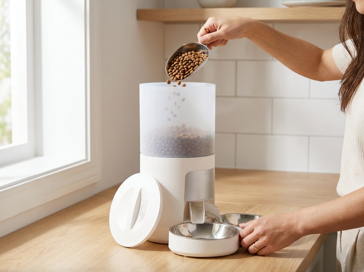 Hands tipping dry kibble from a scoop into the open top of the white automatic feeder, its lid set on the counter