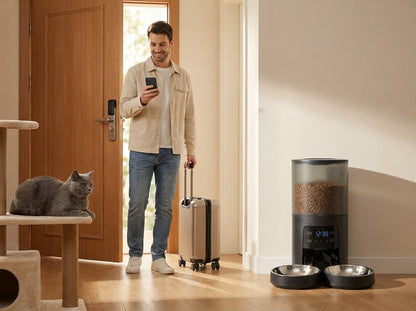 Man with a carry-on suitcase checking his phone at the front door while a grey cat rests on a cat tree beside the black feeder