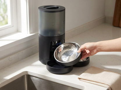 Hand lifting a shiny stainless steel bowl out of the tray of the black automatic feeder beside a kitchen sink