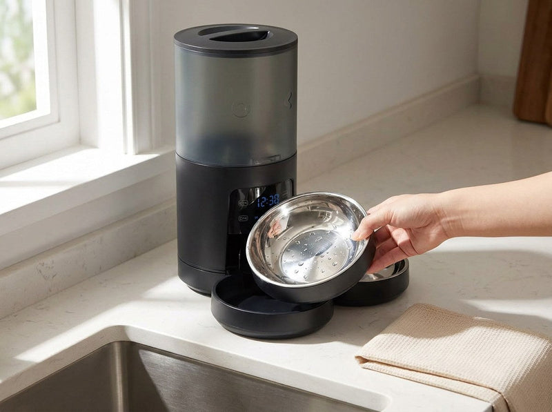 Hand lifting a shiny stainless steel bowl out of the tray of the black automatic feeder beside a kitchen sink