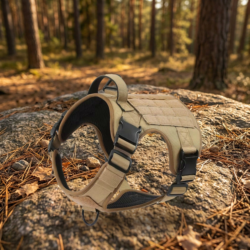Tactical dog harness with handle - Coyote Brown, on a forest trail