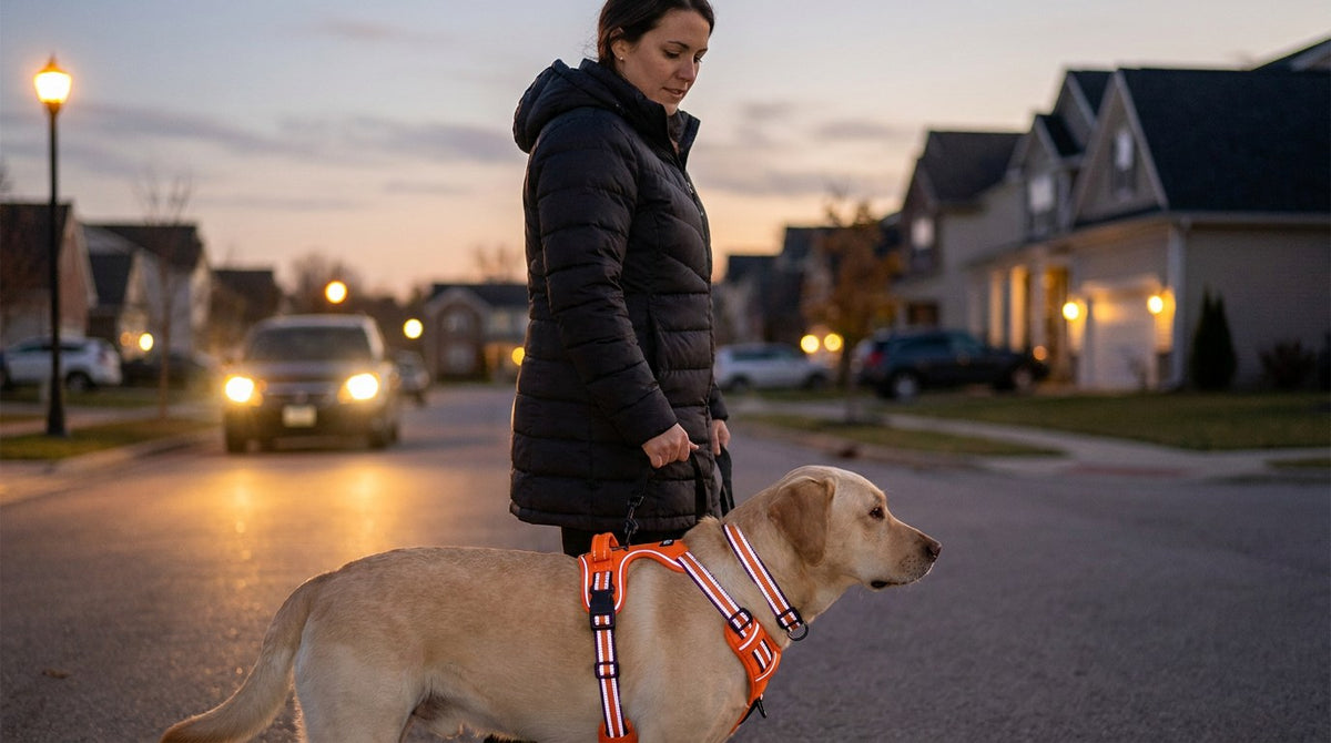 Woman walking a Labrador at dusk on a suburban street, the dog wearing an orange harness whose reflective stripes glow in a passing car's headlights