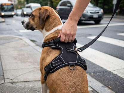 Woman gripping the top handle of a black harness on a mixed-breed dog sitting beside her at a city crosswalk