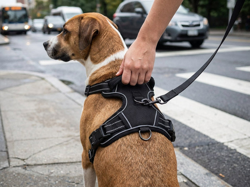 Woman gripping the top handle of a black harness on a mixed-breed dog sitting beside her at a city crosswalk