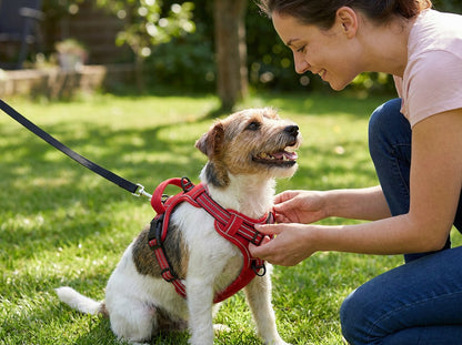 Woman adjusting a strap slider on the red harness of a small wire-haired terrier on a sunny lawn