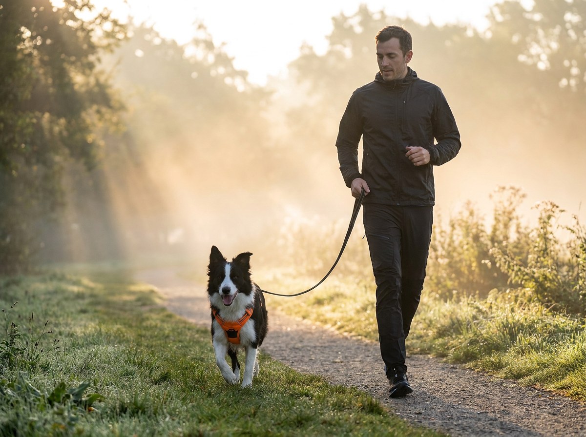 Man walking a border collie in an orange harness on a misty park path at sunrise