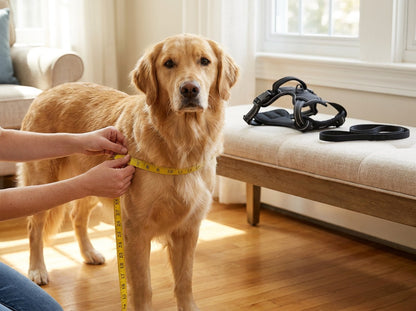 Woman wrapping a soft tape measure around the chest of a standing golden retriever, with a black harness folded on the bench behind