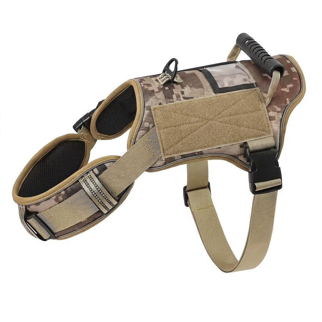 Service dog vest harness with handle in Camo, with an empty patch panel and clear ID card pocket