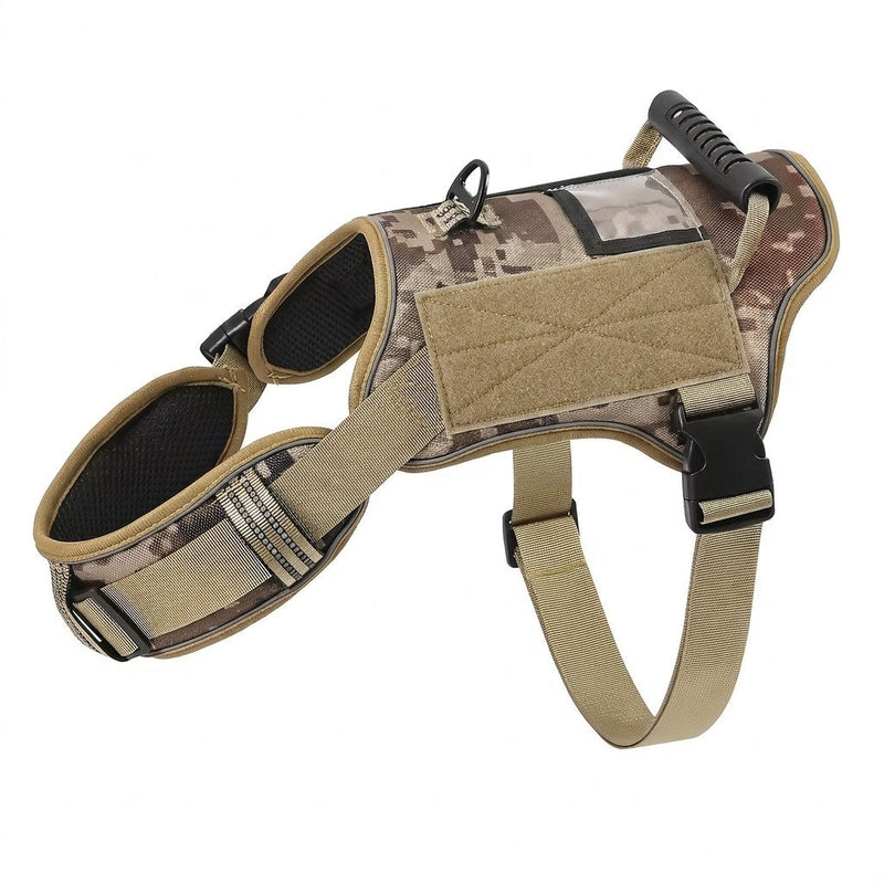 Service dog vest harness with handle in Camo, with an empty patch panel and clear ID card pocket