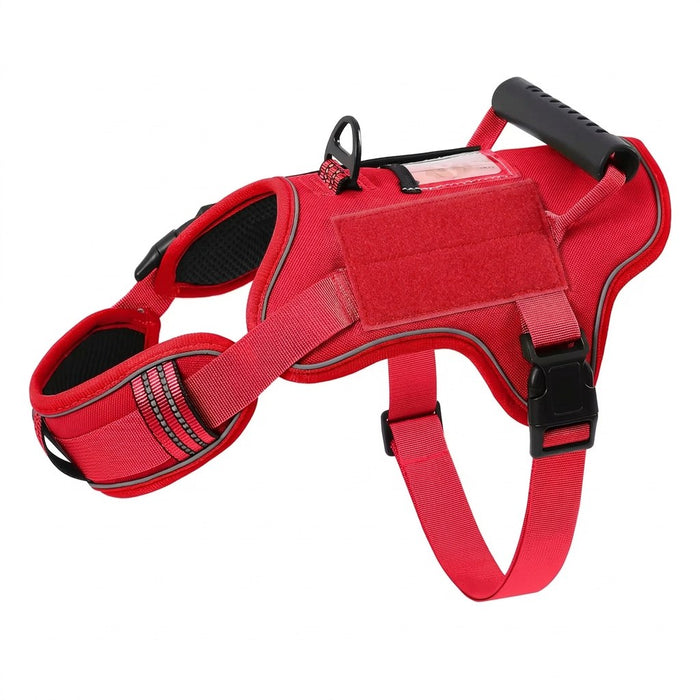 Service dog vest harness with handle in Red, with an empty patch panel and clear ID card pocket