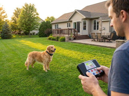 Golden retriever wearing the wireless dog fence collar on a large backyard lawn while the owner holds the transmitter
