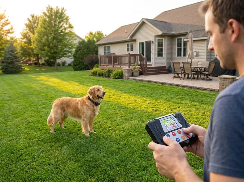 Golden retriever wearing the wireless dog fence collar on a large backyard lawn while the owner holds the transmitter