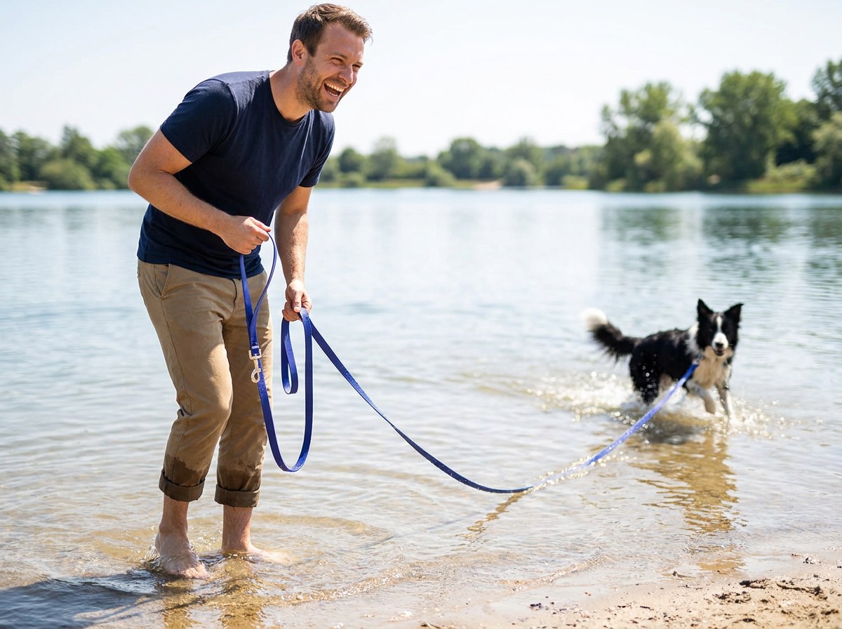 Man standing in shallow lake water holding the True Blue Splash BioThane long line while his border collie splashes at the far end