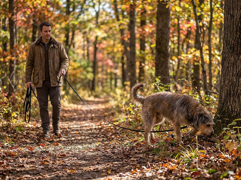 Man walking an autumn woodland trail with a scruffy mixed-breed dog sniffing at the far end of the Jet Black long line