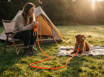 Woman sitting by a tent at golden hour with her dog resting on a blanket, the Neon Orange long line slack between them